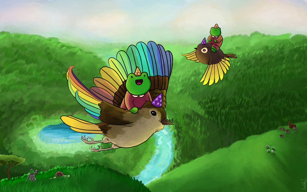 Deux grenouilles qui s'envolent à dos d'oiseaux au-dessus d'un paysages de collines verdoyantes