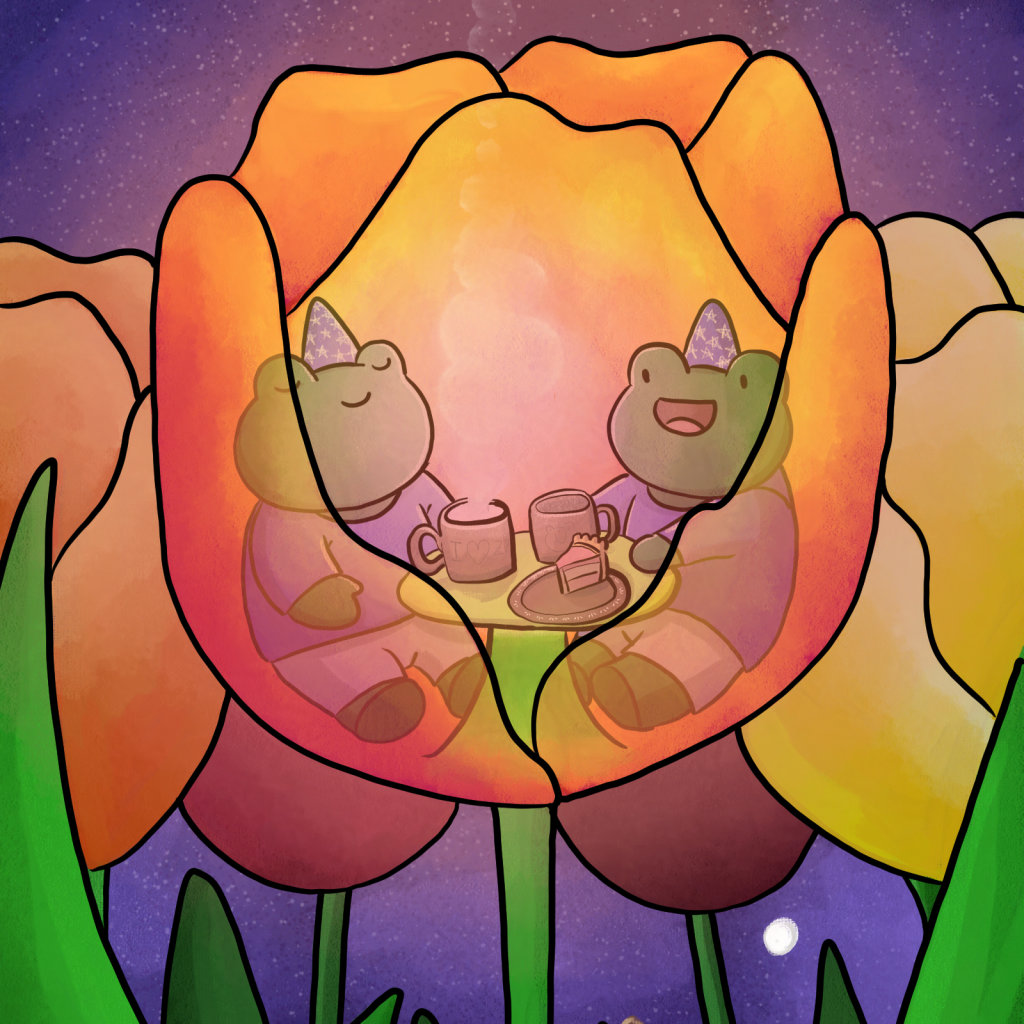Deux grenouilles qui prennent le thé, assises dans une tulipe